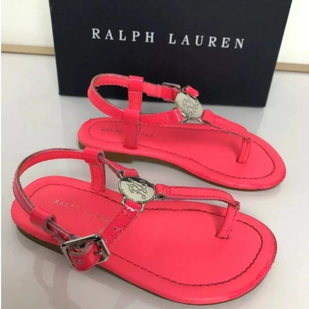 Ralph Lauren Kids Neon Pink‎ Patent Leather T-Strap Sandals Logo Medallion Girls